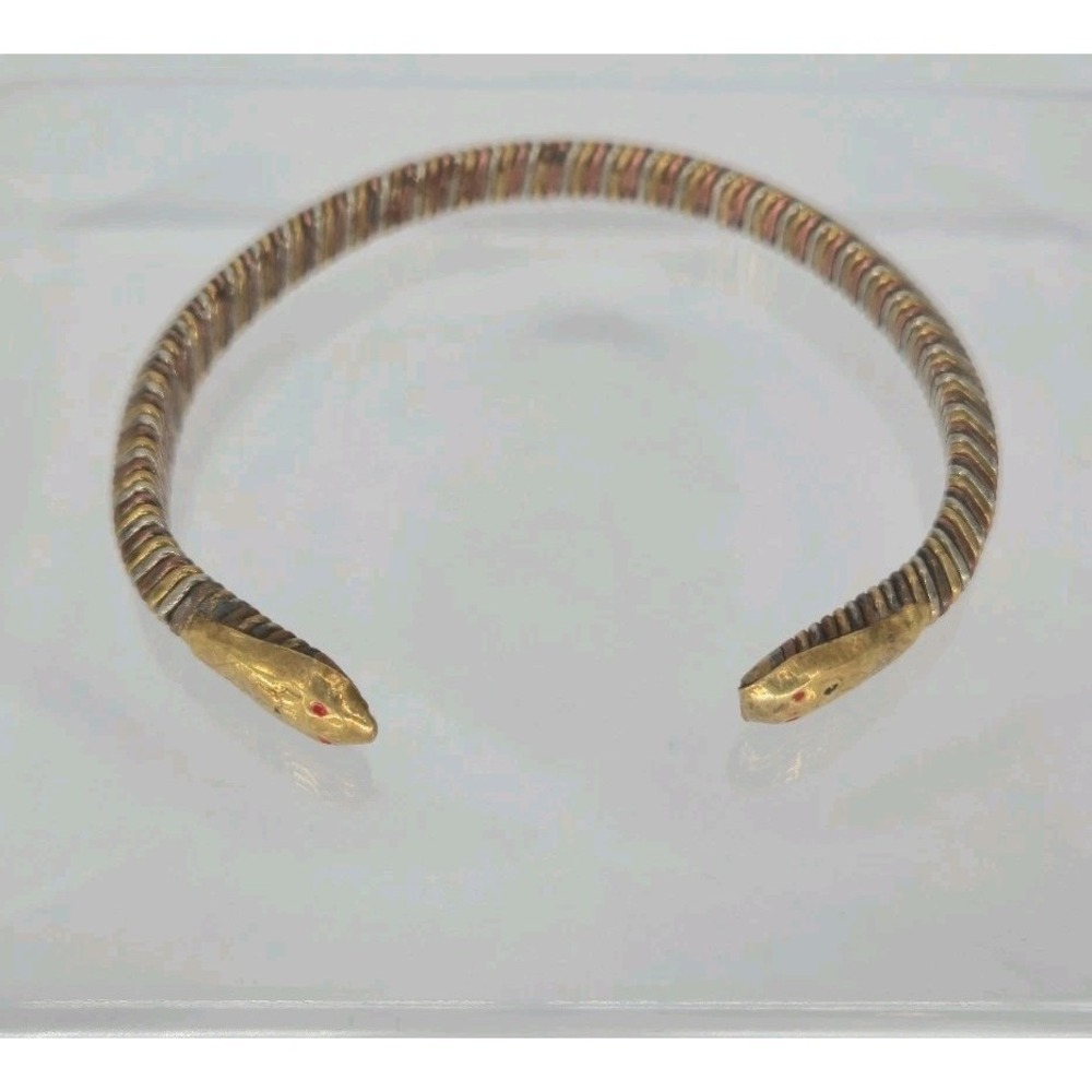 Vintage Mixed Metal Snake Head Cuff Bracelet Brass Copper Red Eyes Tribal 7"